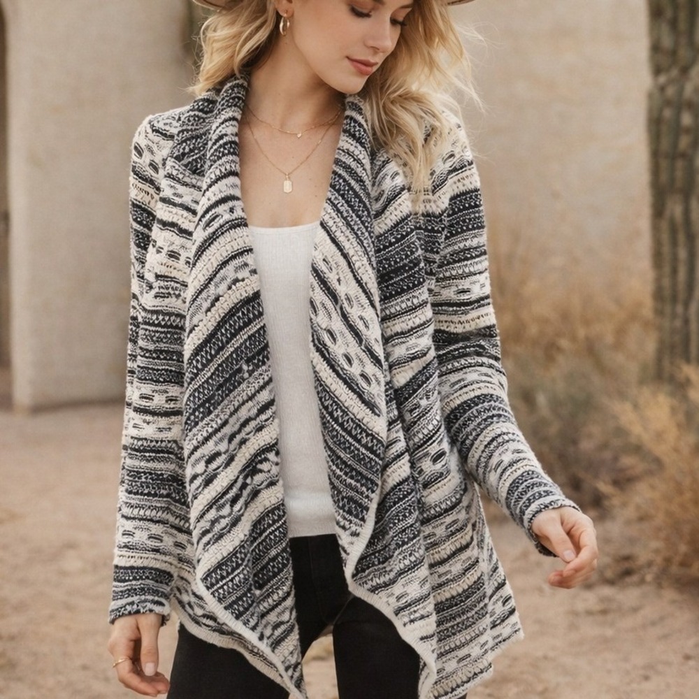 Bluece Black Cream Marled Waterfall Cardigan Boho Southwest Draped Knit Sweater